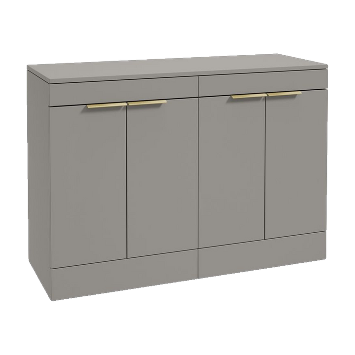 SONAS Stockholm 120cm floorstanding four door vanity unit in Matt Khaki with brushed gold handles