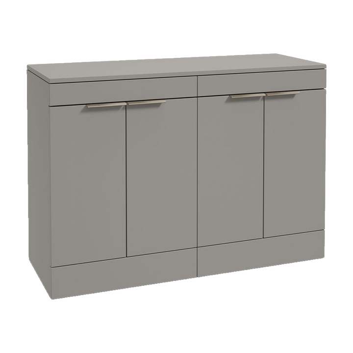 SONAS Stockholm 120cm floorstanding four door vanity unit in Matt Khaki with brushed nickel handles