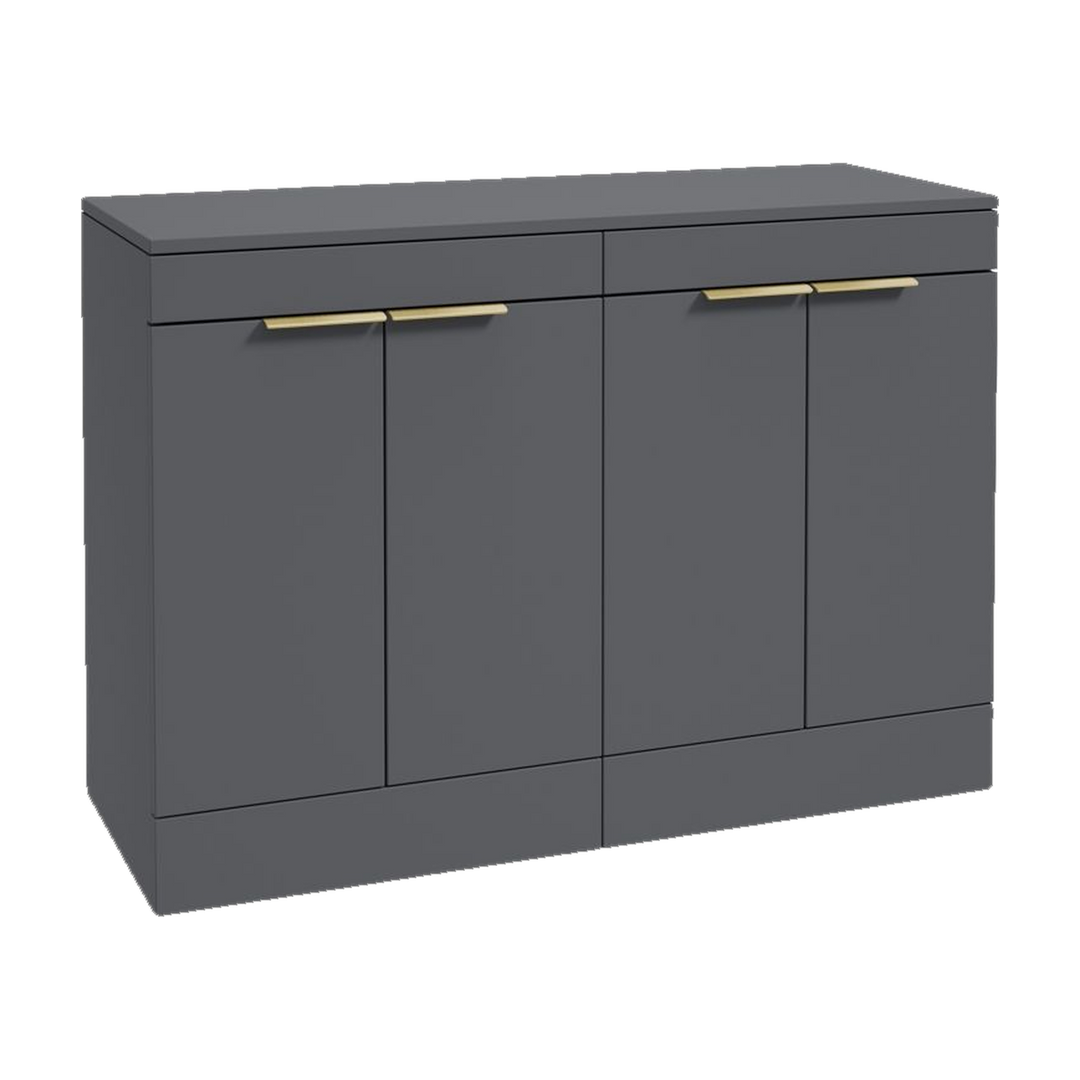 SONAS Stockholm 120cm floorstanding four door vanity unit in Matt Midnight Grey with brushed gold handles