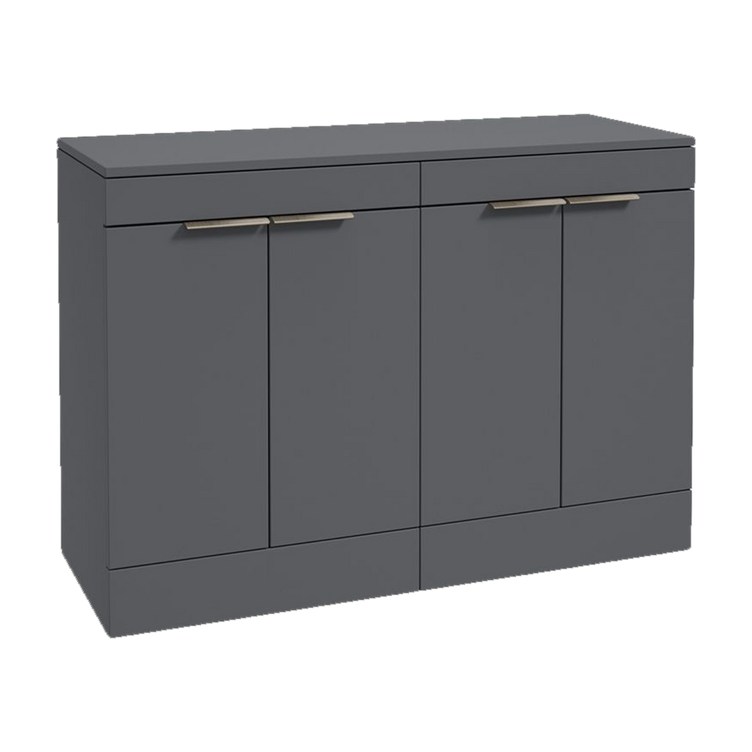 SONAS Stockholm 120cm floorstanding four door vanity unit in Matt Midnight Grey with brushed nickel handles