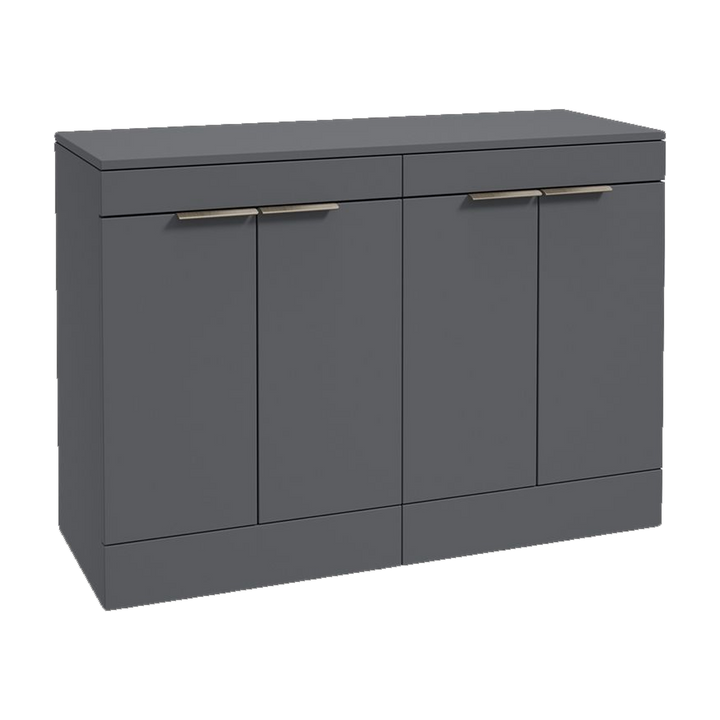 SONAS Stockholm 120cm floorstanding four door vanity unit in Matt Midnight Grey with brushed nickel handles