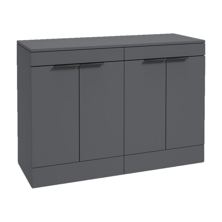 SONAS Stockholm 120cm floorstanding four door vanity unit in Matt Midnight Grey with matt black handles