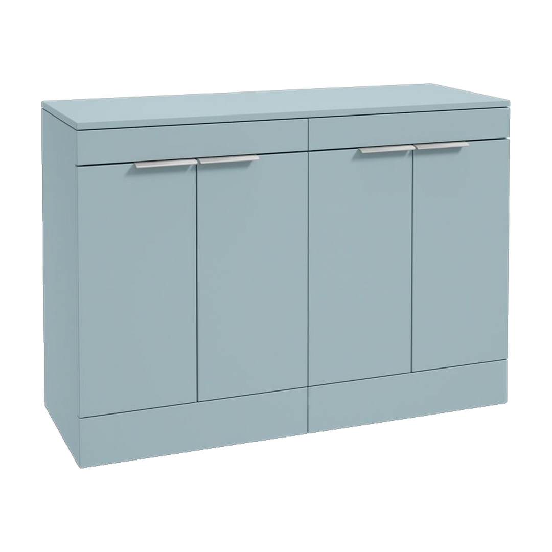 SONAS Stockholm 120cm floorstanding four door vanity unit in Matt Morning Sky Blue with brushed chrome handles