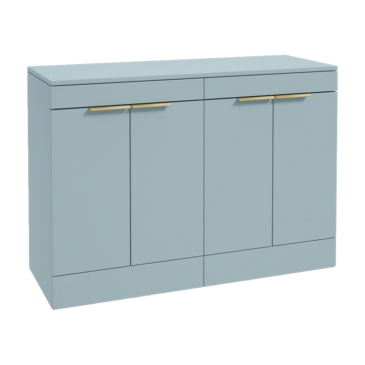 SONAS Stockholm 120cm floorstanding four door vanity unit in Matt Morning Sky Blue with brushed gold handles