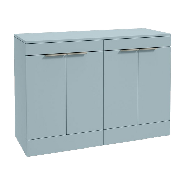 SONAS Stockholm 120cm floorstanding four door vanity unit in Matt Morning Sky Blue with brushed nickel handles