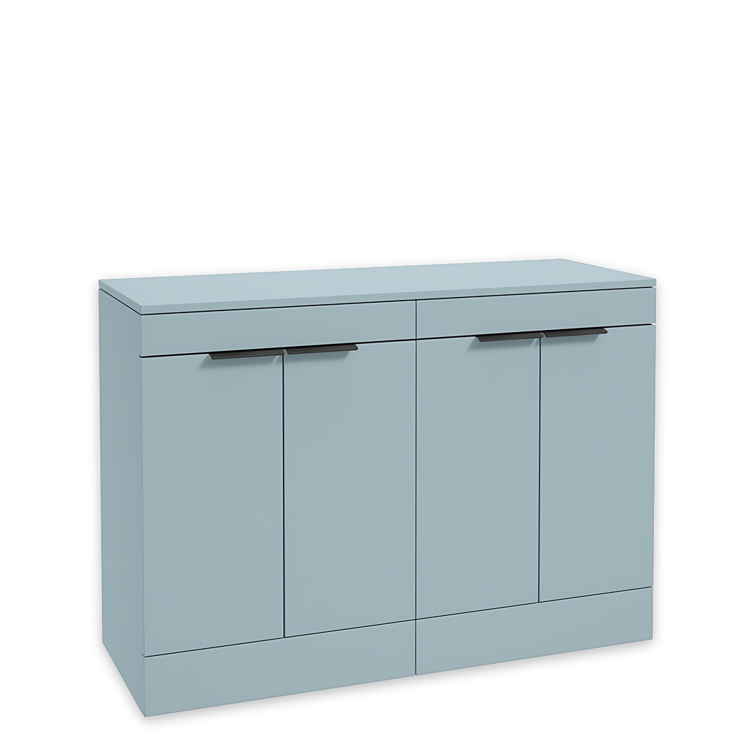 SONAS Stockholm 120cm floorstanding four door vanity unit in Matt Morning Sky Blue with matt black handles