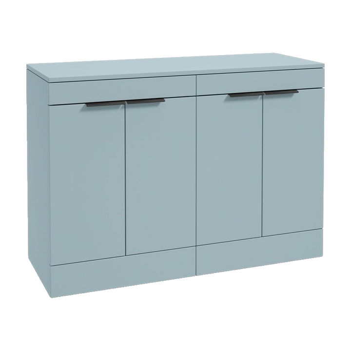 SONAS Stockholm 120cm floorstanding four door vanity unit in Matt Morning Sky Blue with matt black handles
