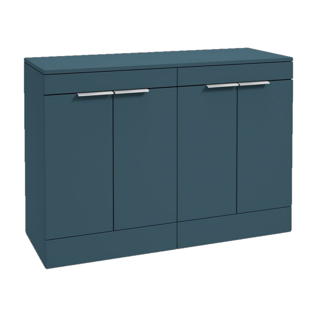 SONAS Stockholm 120cm floorstanding four door vanity unit in Matt Ocean Blue with brushed chrome handles
