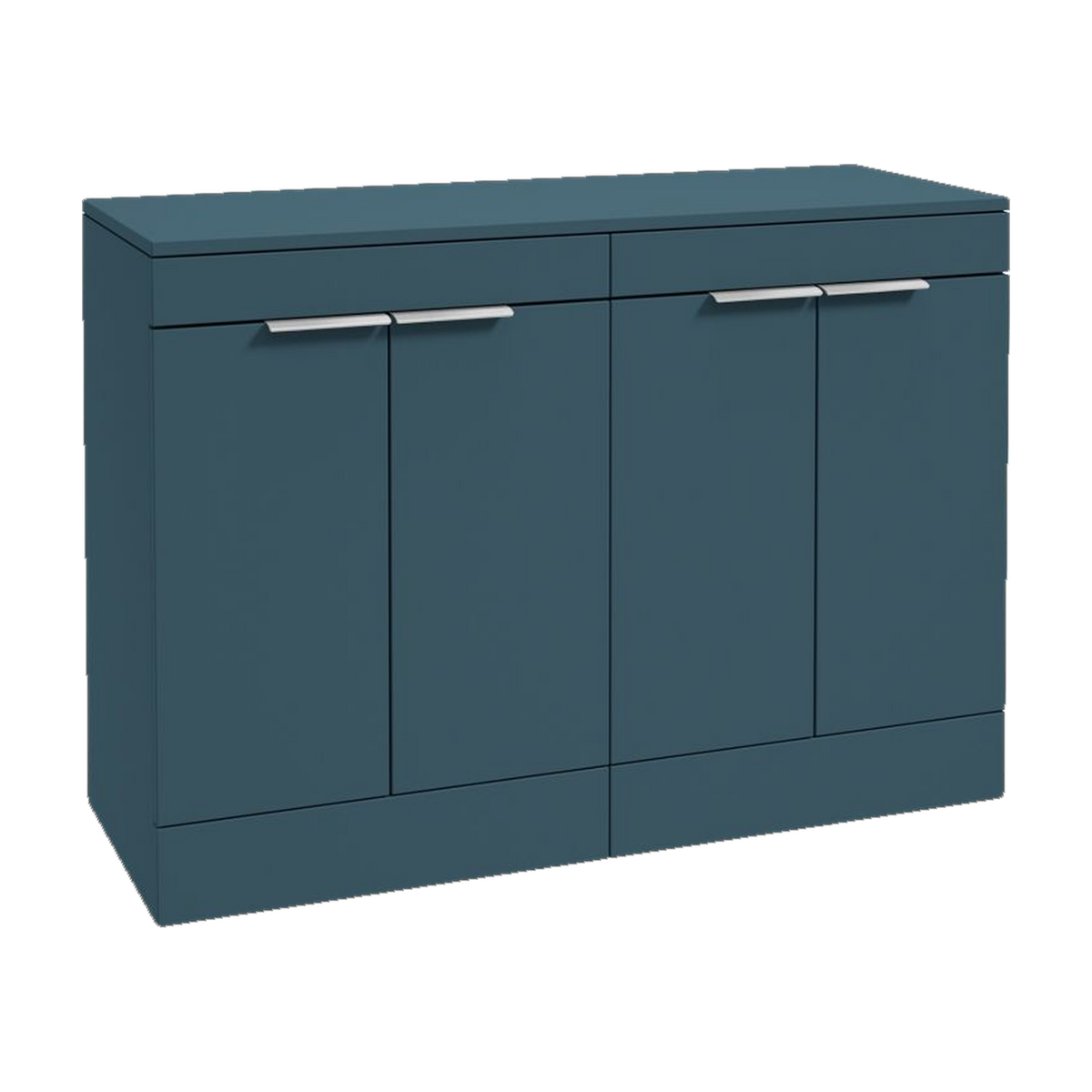 SONAS Stockholm 120cm floorstanding four door vanity unit in Matt Ocean Blue with brushed chrome handles