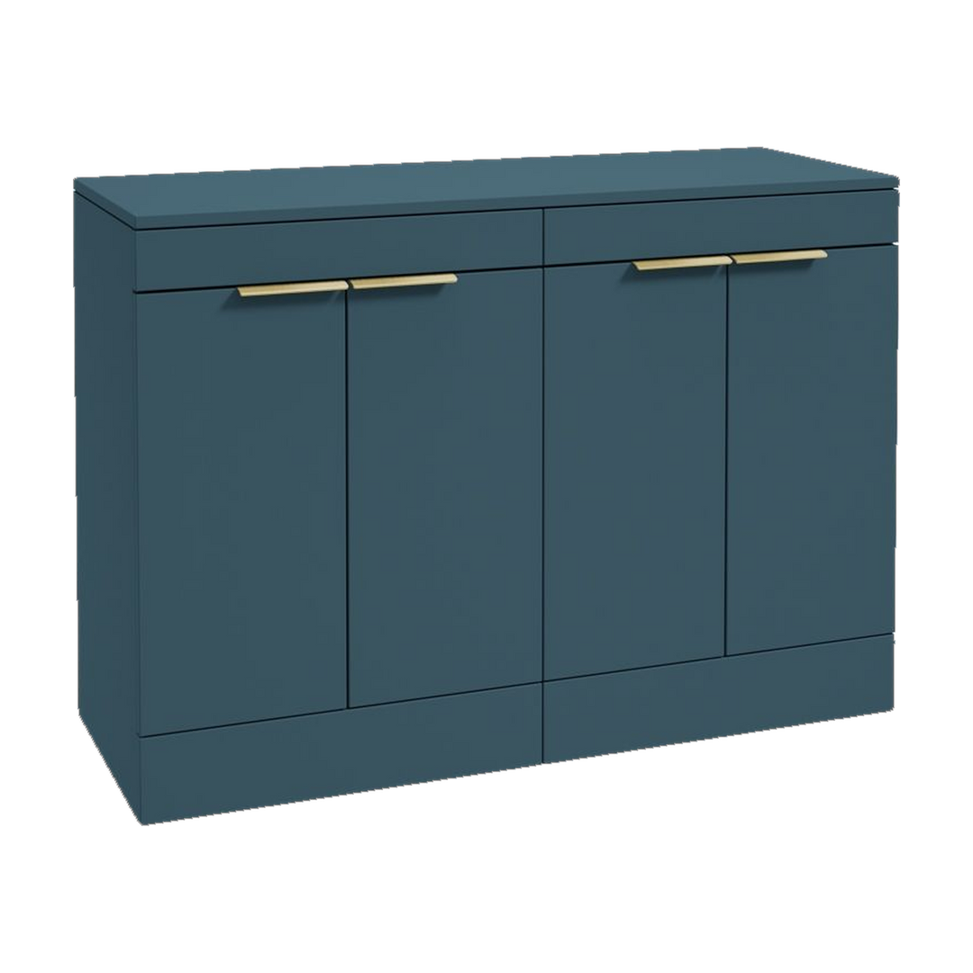 SONAS Stockholm 120cm floorstanding four door vanity unit in Matt Ocean Blue with brushed gold handles