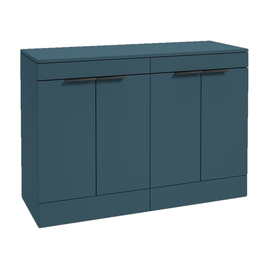 SONAS Stockholm 120cm floorstanding four door vanity unit in Matt Ocean Blue with matt black handles
