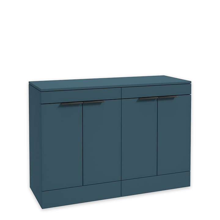 SONAS Stockholm 120cm floorstanding four door vanity unit in Matt Ocean Blue with matt black handles