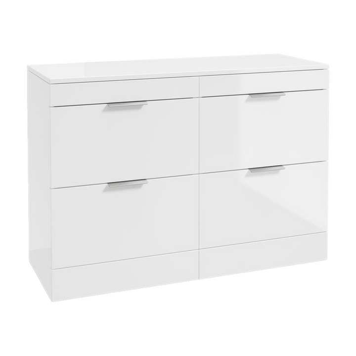 SONAS Stockholm 120cm floorstanding four drawer vanity unit in Gloss White with brushed chrome handles
