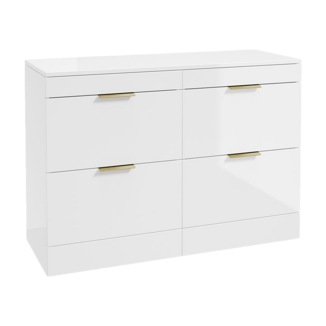 SONAS Stockholm 120cm floorstanding four drawer vanity unit in Gloss White with brushed gold handles