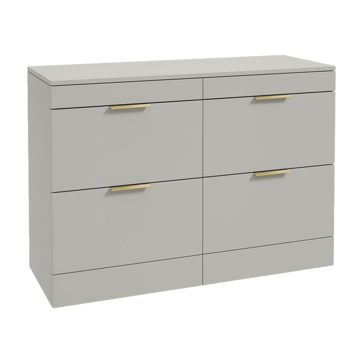 SONAS Stockholm 120cm floorstanding four drawer vanity unit in Matt Arctic Grey with brushed gold handles