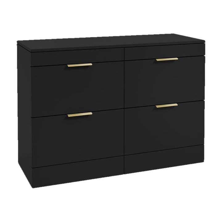 SONAS Stockholm 120cm floorstanding four drawer vanity unit in Matt Black with brushed gold handles