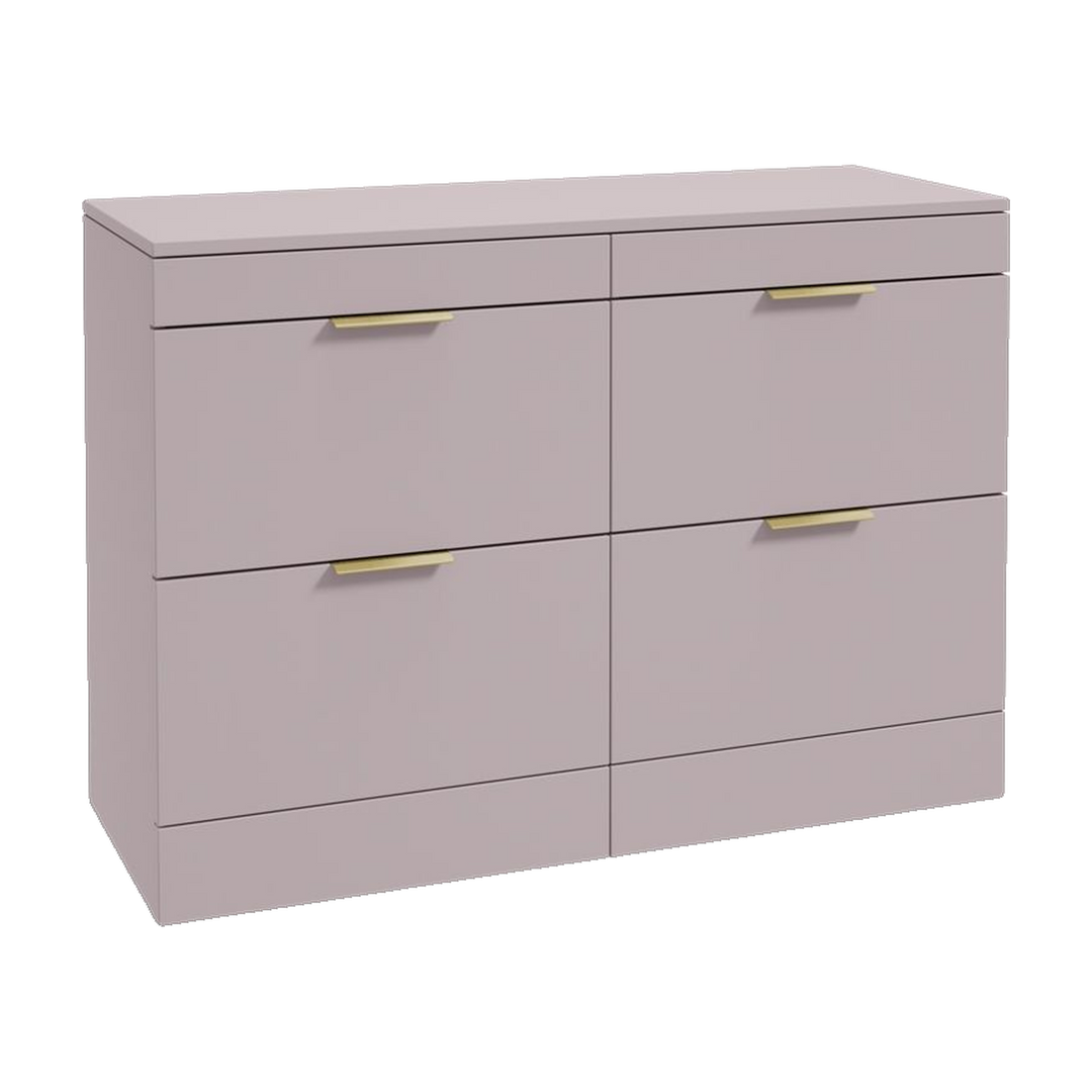 SONAS Stockholm 120cm floorstanding four drawer vanity unit in Matt Cashmere Pink with brushed gold handles