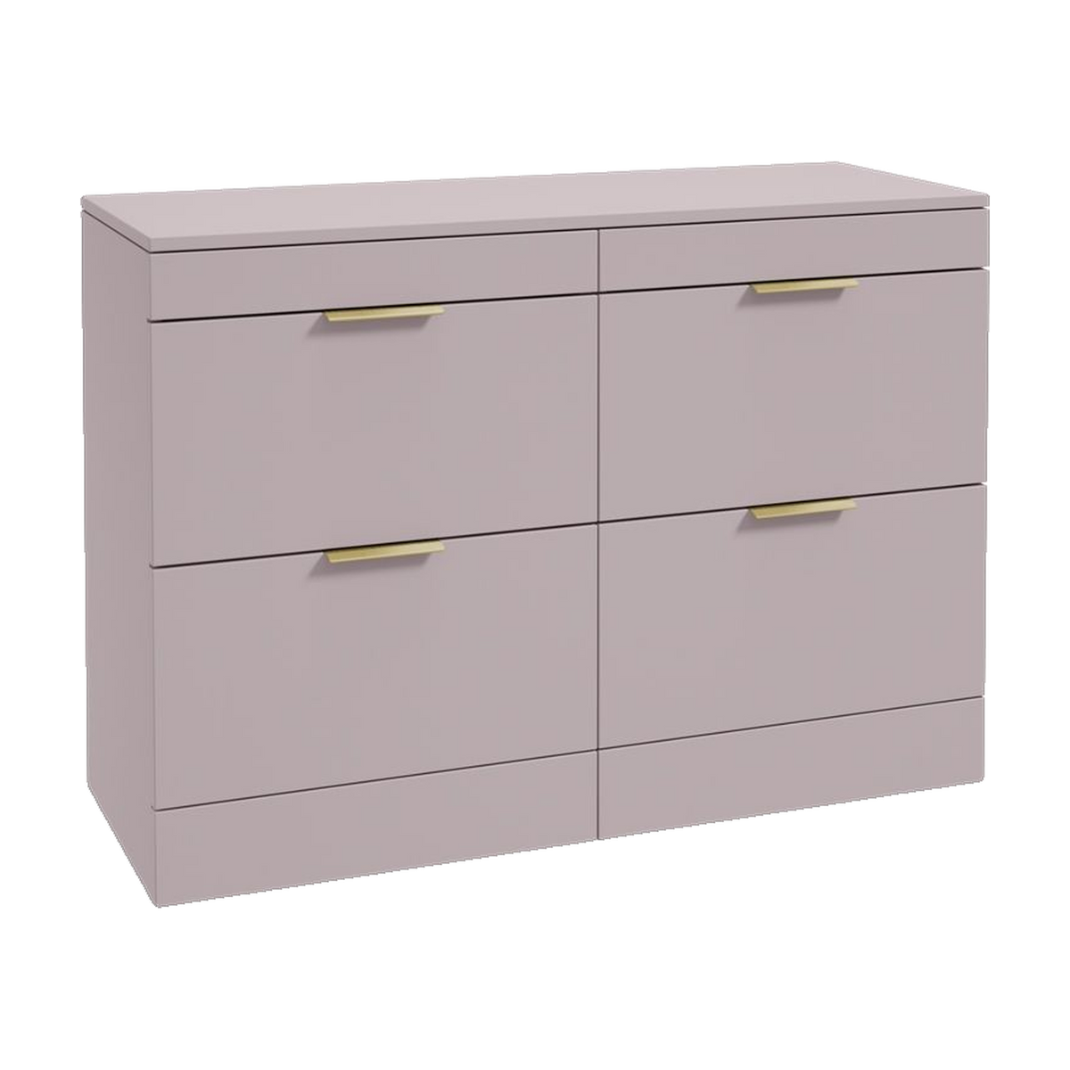 SONAS Stockholm 120cm floorstanding four drawer vanity unit in Matt Cashmere Pink with brushed gold handles