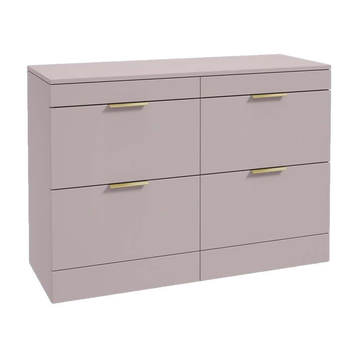 SONAS Stockholm 120cm floorstanding four drawer vanity unit in Matt Cashmere Pink with brushed gold handles