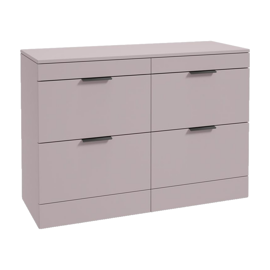 SONAS Stockholm 120cm floorstanding four drawer vanity unit in Matt Cashmere Pink with matt black handles