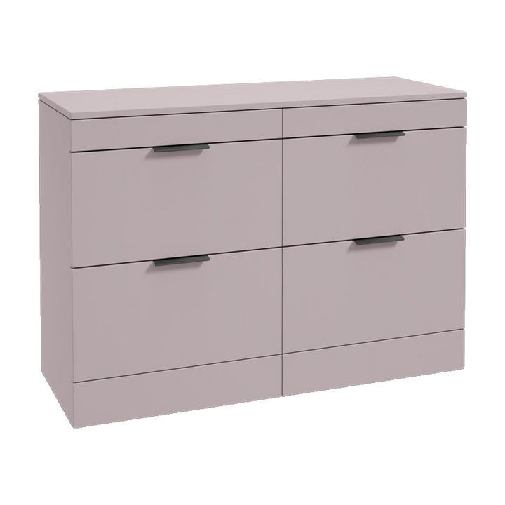 SONAS Stockholm 120cm floorstanding four drawer vanity unit in Matt Cashmere Pink with matt black handles