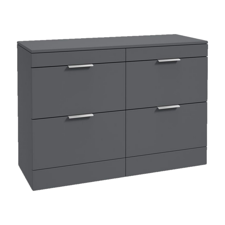 SONAS Stockholm 120cm floorstanding four drawer vanity unit in Matt Midnight Grey with brushed chrome handles