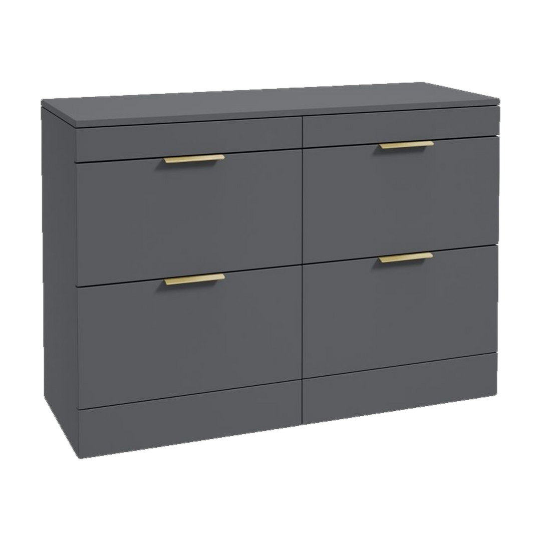 SONAS Stockholm 120cm floorstanding four drawer vanity unit in Matt Midnight Grey with brushed gold handles