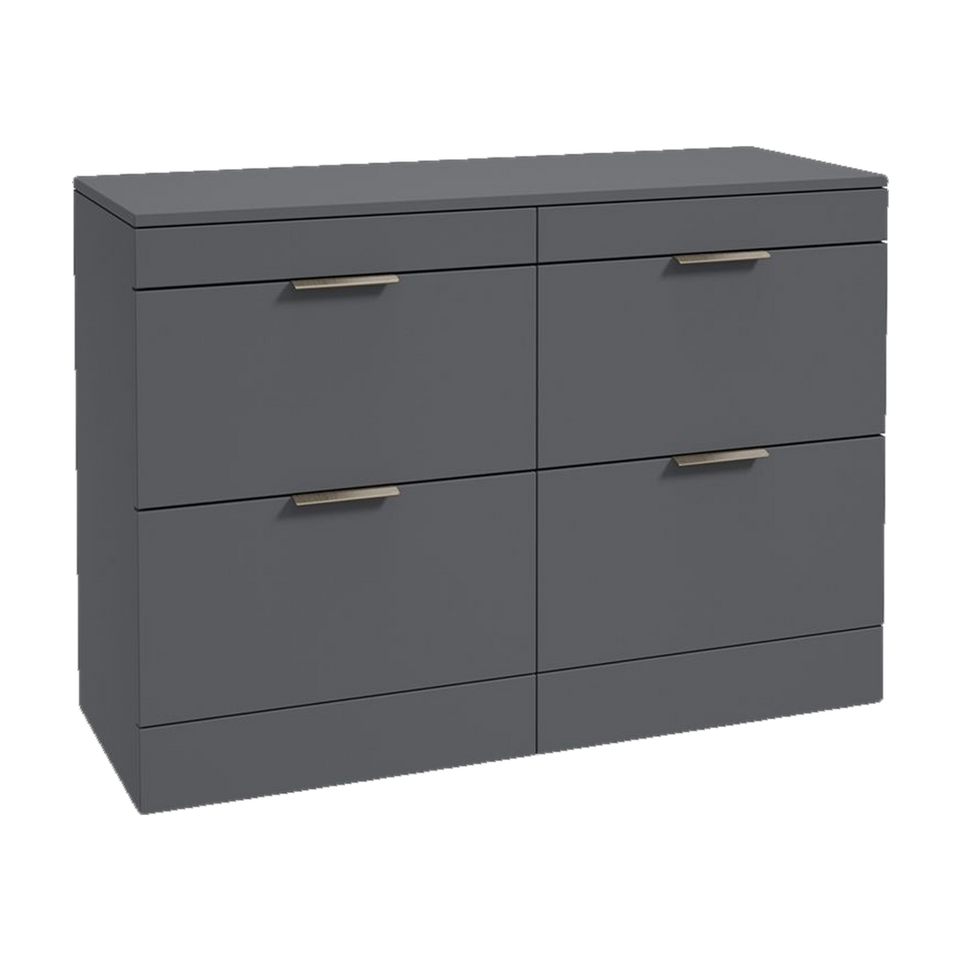 SONAS Stockholm 120cm floorstanding four drawer vanity unit in Matt Midnight Grey with brushed nickel handles
