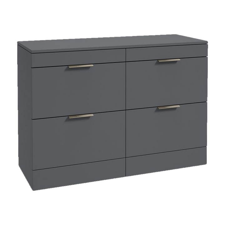 SONAS Stockholm 120cm floorstanding four drawer vanity unit in Matt Midnight Grey with brushed nickel handles