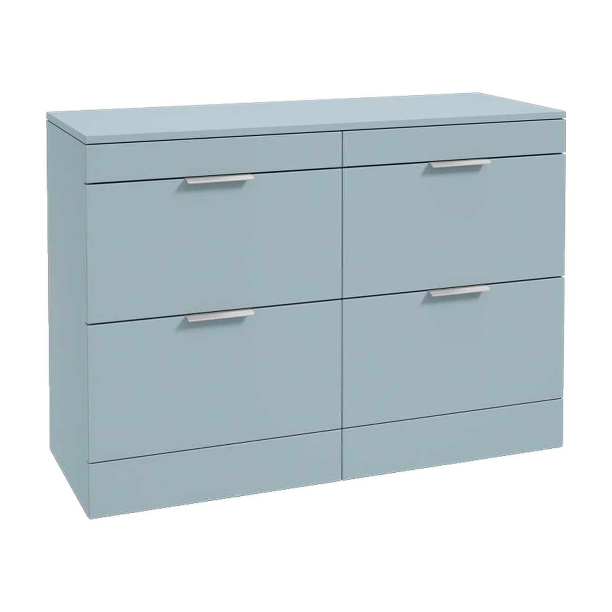 SONAS Stockholm 120cm floorstanding four drawer vanity unit in Matt Morning Sky Blue with brushed chrome handles