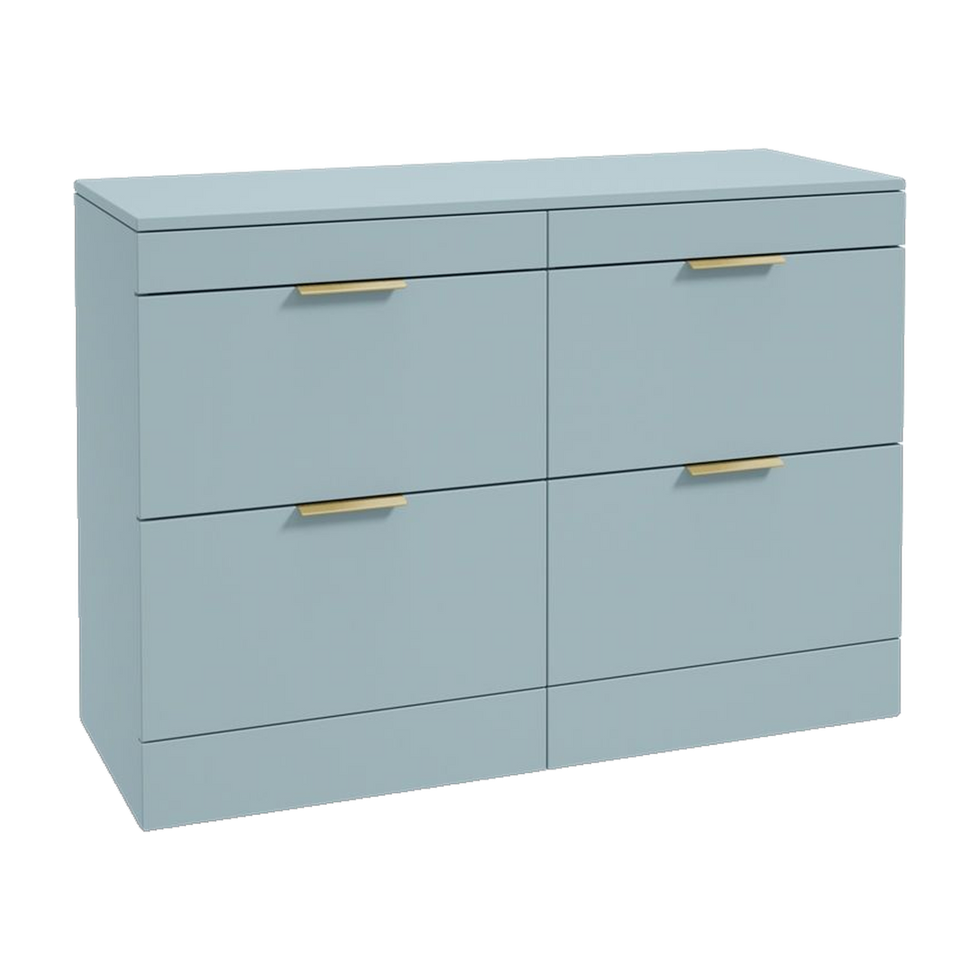 SONAS Stockholm 120cm floorstanding four drawer vanity unit in Matt Morning Sky Blue with brushed gold handles