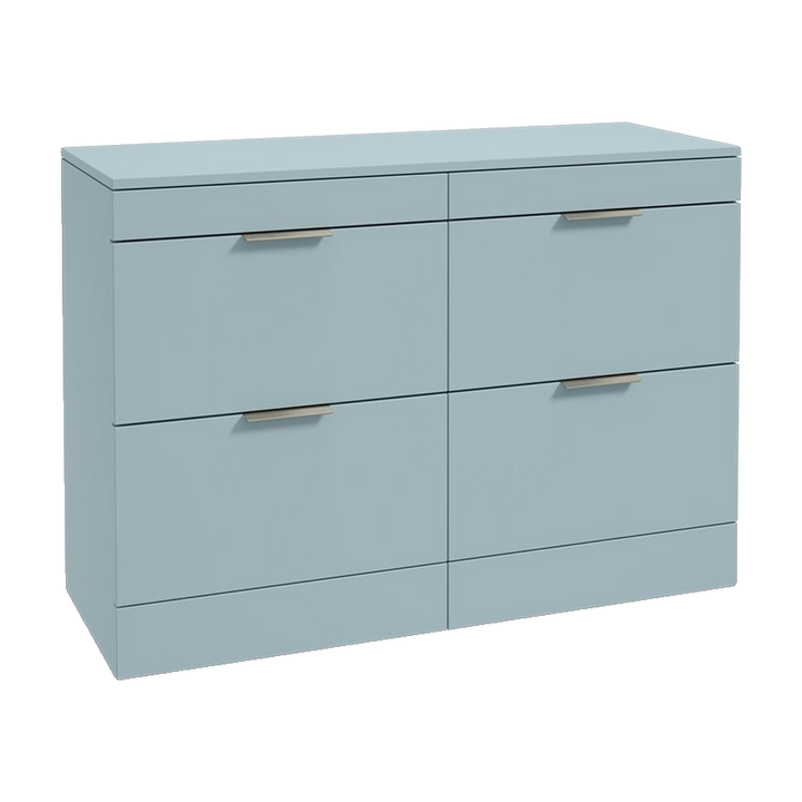 SONAS Stockholm 120cm floorstanding four drawer vanity unit in Matt Morning Sky Blue with brushed nickel handles