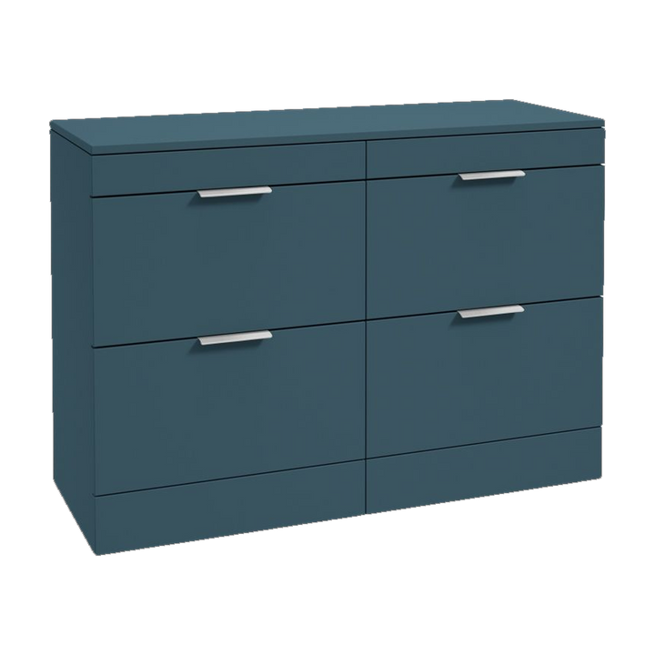 SONAS Stockholm 120cm floorstanding four drawer vanity unit in Matt Ocean Blue with brushed chrome handles