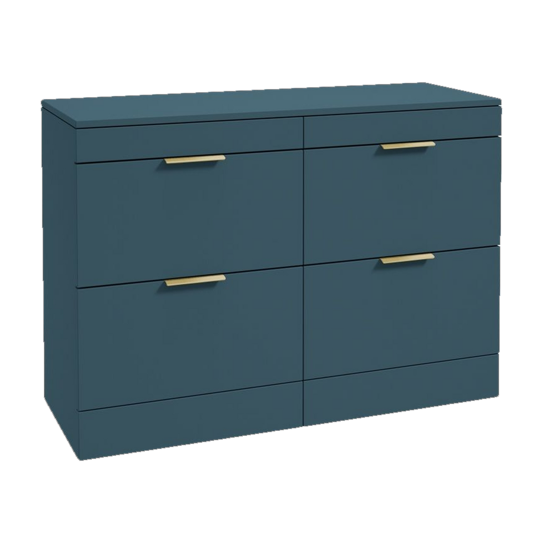 SONAS Stockholm 120cm floorstanding four drawer vanity unit in Matt Ocean Blue with brushed gold handles