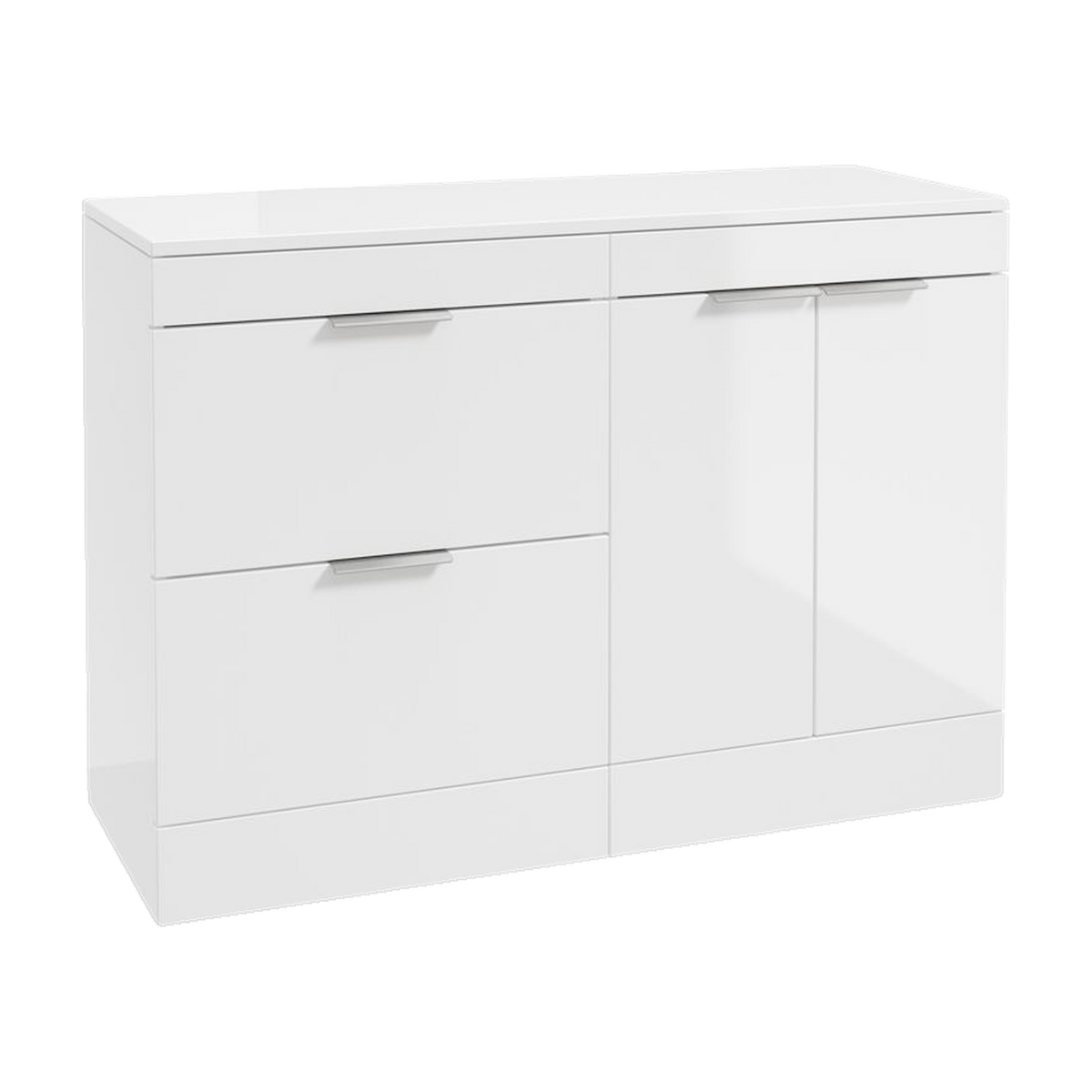 SONAS Stockholm 120cm floorstanding two drawer & two door vanity unit in Gloss White with brushed chrome handles
