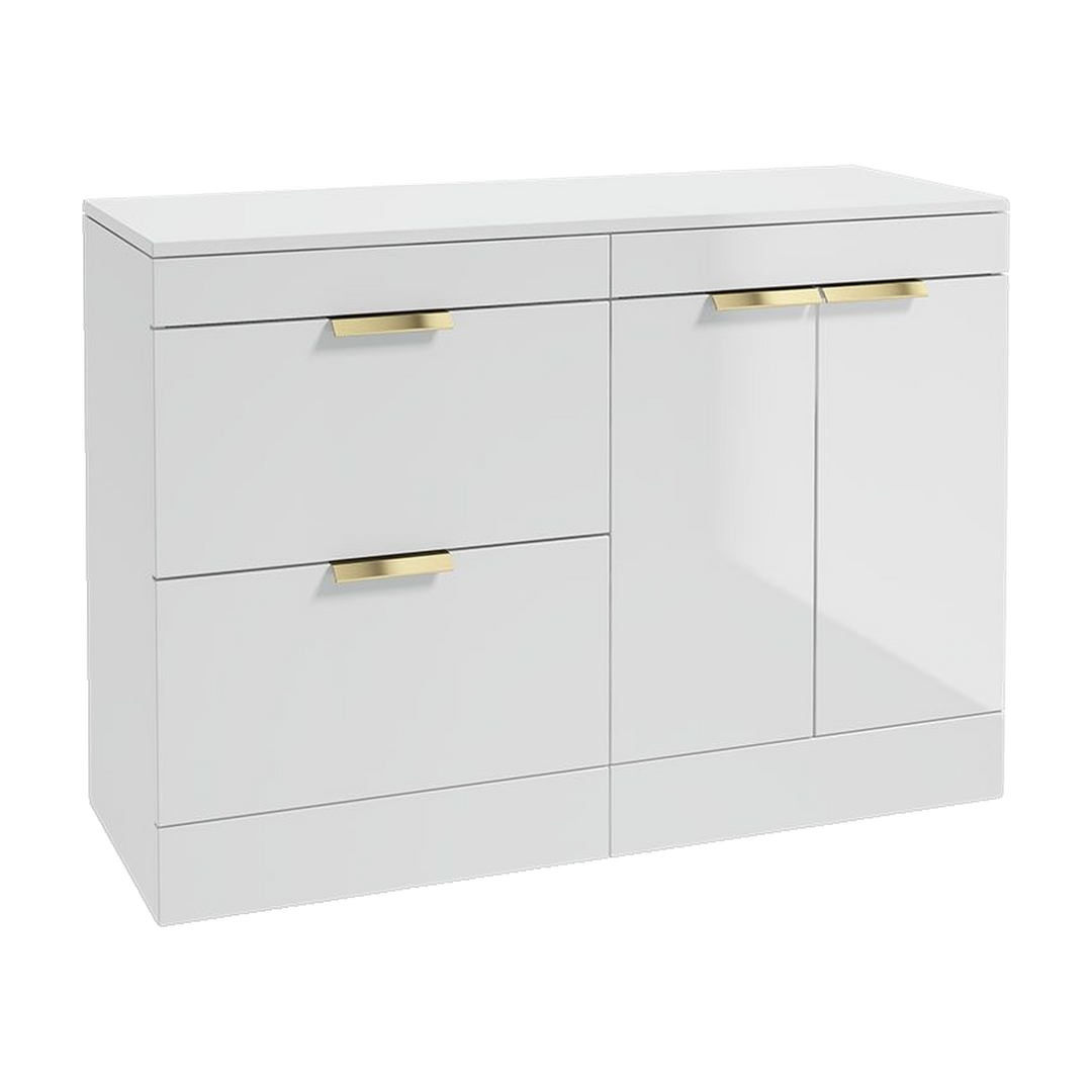 SONAS Stockholm 120cm floorstanding two drawer & two door vanity unit in Gloss White with brushed gold handles