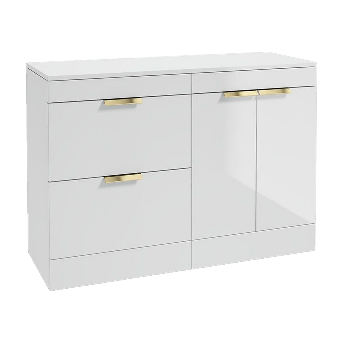 SONAS Stockholm 120cm floorstanding two drawer & two door vanity unit in Gloss White with brushed gold handles
