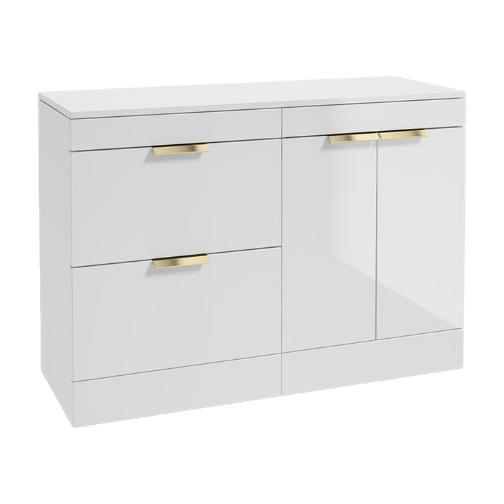 SONAS Stockholm 120cm floorstanding two drawer & two door vanity unit in Gloss White with brushed gold handles