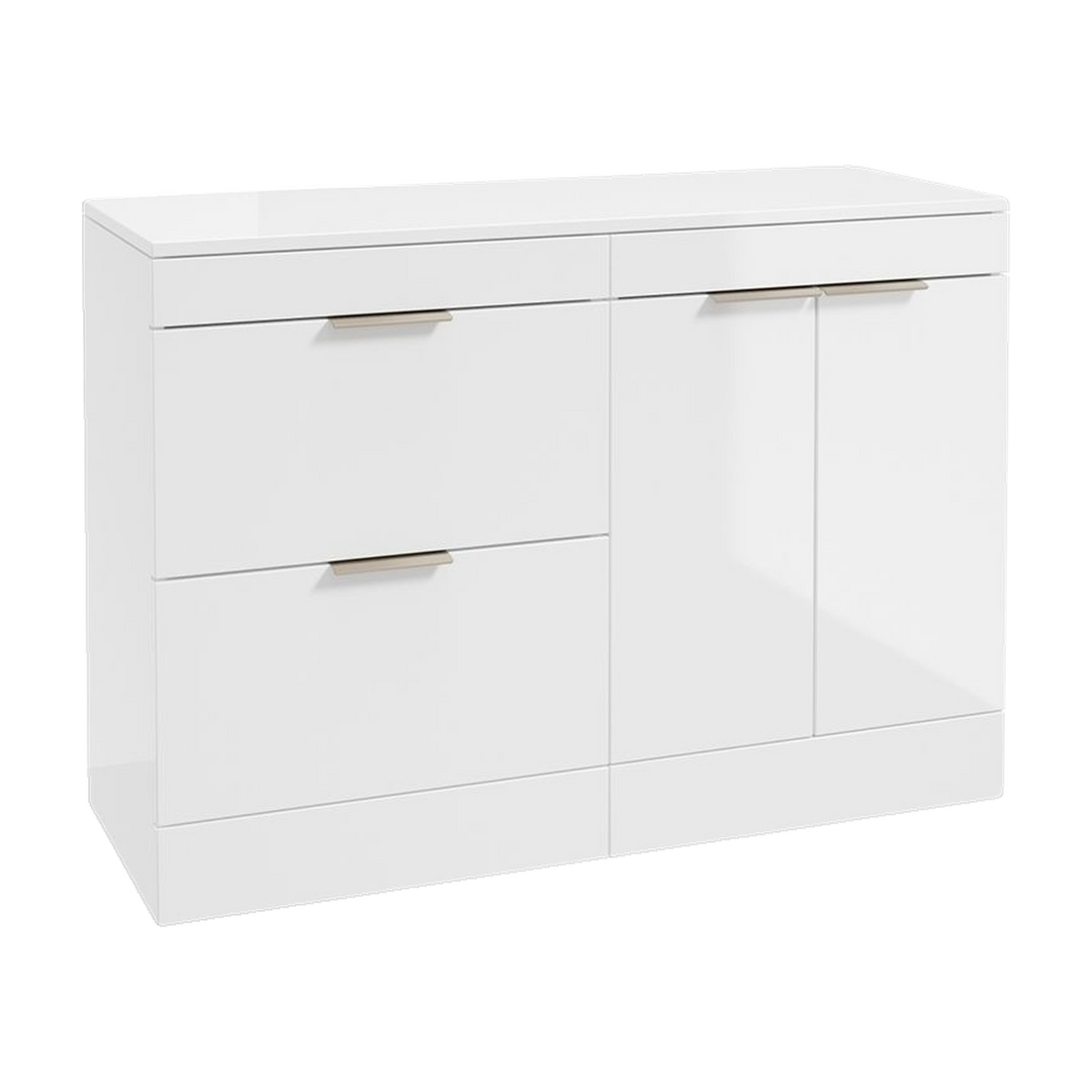 SONAS Stockholm 120cm floorstanding two drawer & two door vanity unit in Gloss White with brushed nickel handles
