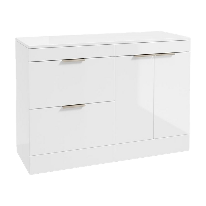 SONAS Stockholm 120cm floorstanding two drawer & two door vanity unit in Gloss White with brushed nickel handles
