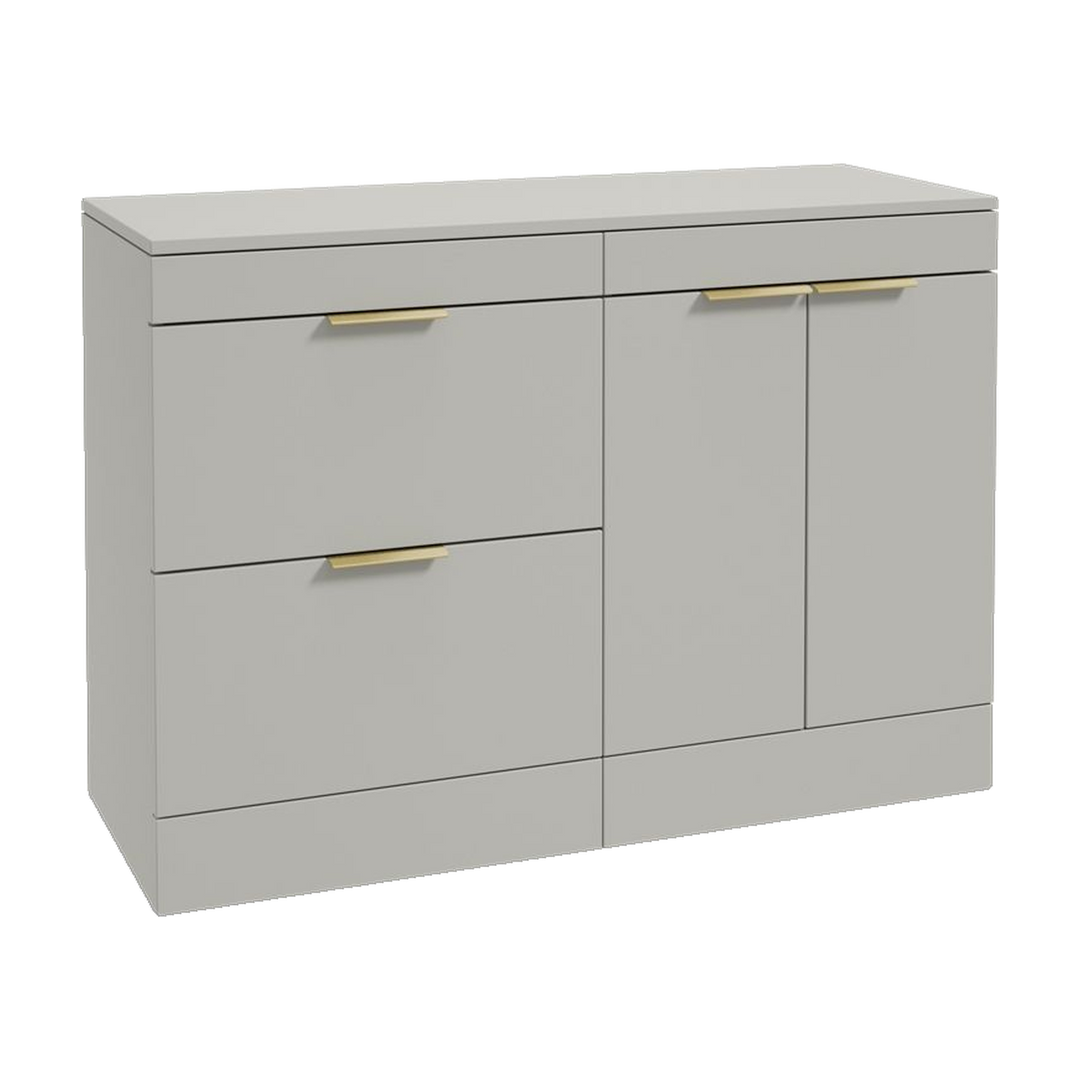 SONAS Stockholm 120cm floorstanding two drawer & two door vanity unit in Matt Arctic Grey with brushed gold handles