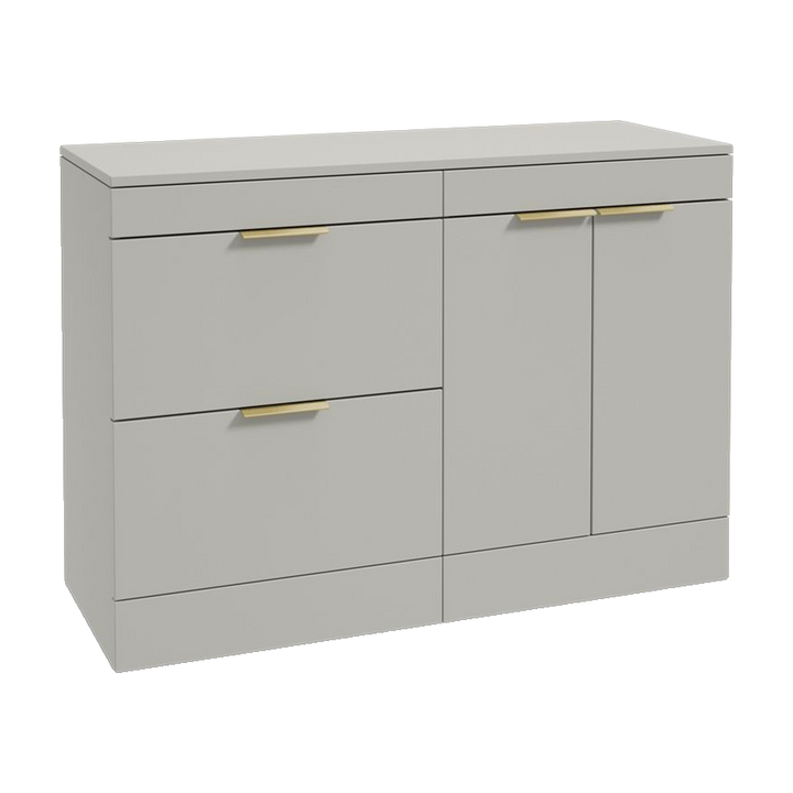 SONAS Stockholm 120cm floorstanding two drawer & two door vanity unit in Matt Arctic Grey with brushed gold handles