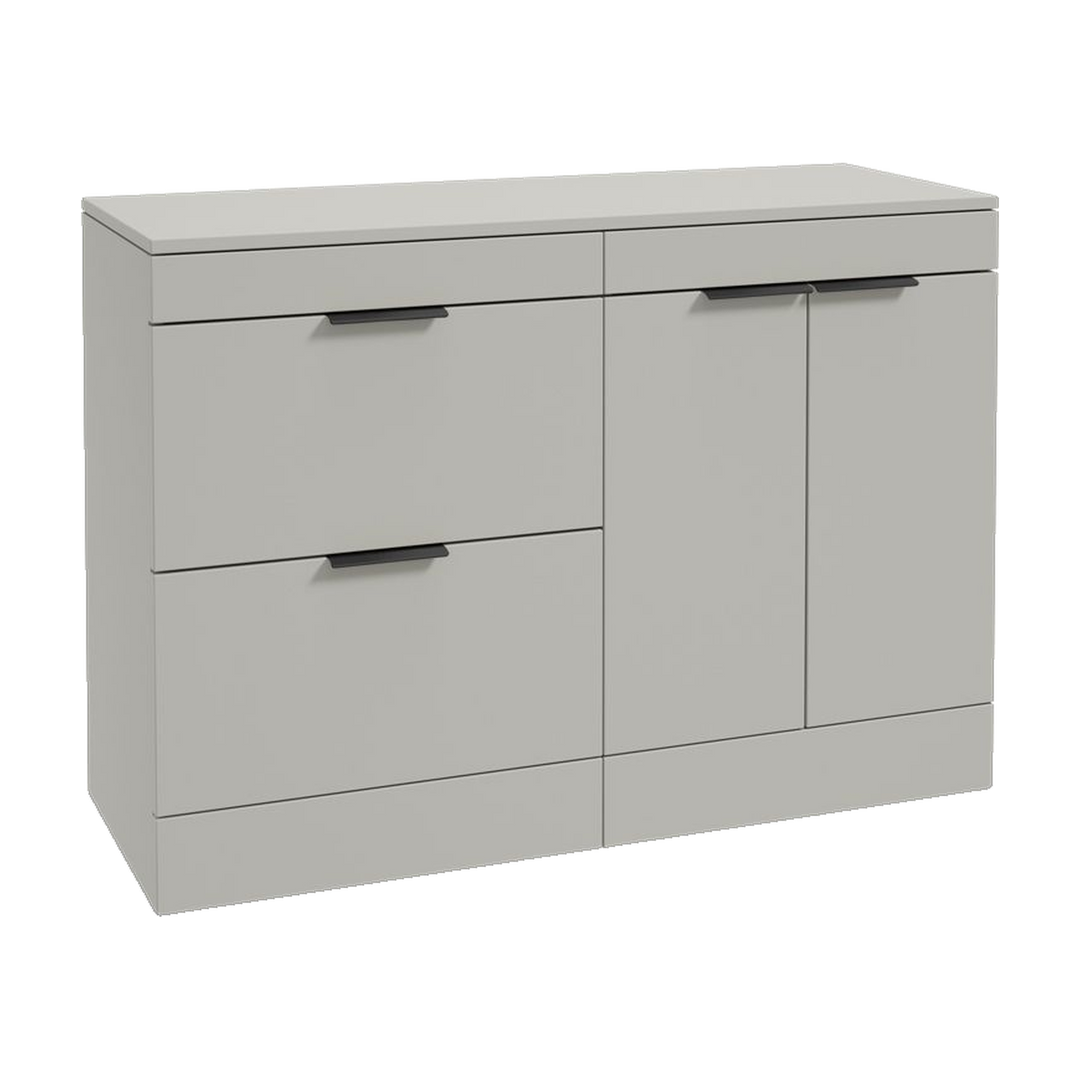 SONAS Stockholm 120cm floorstanding two drawer & two door vanity unit in Matt Arctic Grey with matt black handles