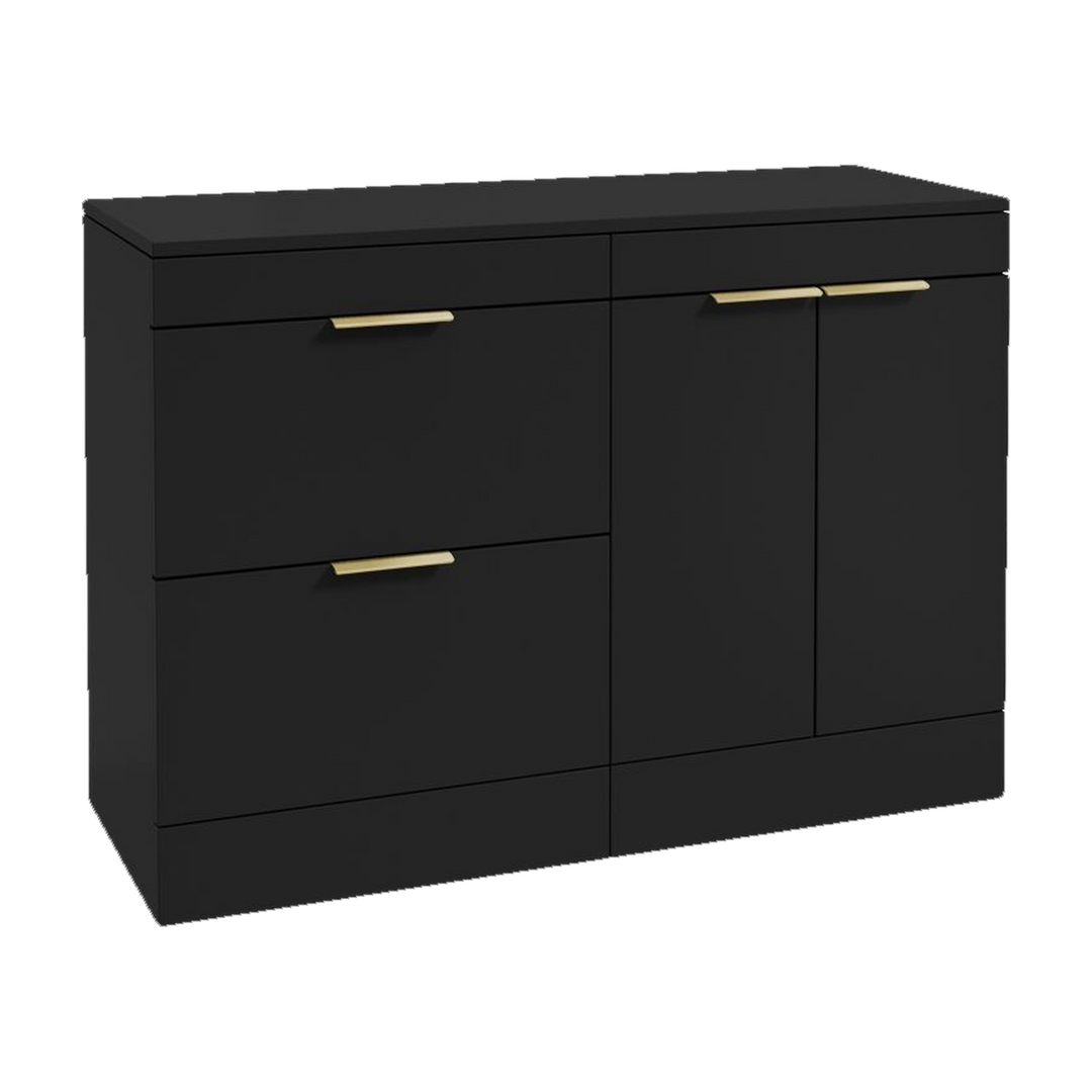 SONAS Stockholm 120cm floorstanding two drawer & two door vanity unit in Matt Black with brushed gold handles