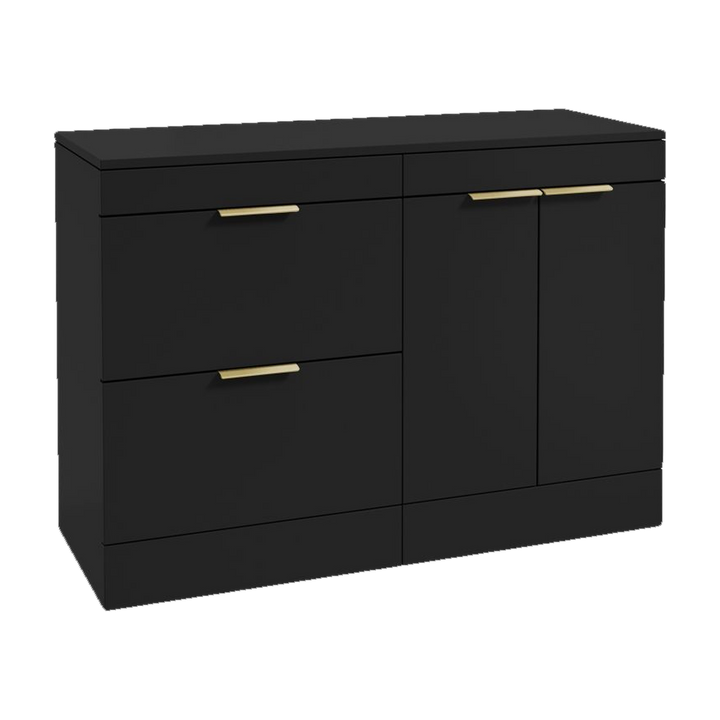 SONAS Stockholm 120cm floorstanding two drawer & two door vanity unit in Matt Black with brushed gold handles