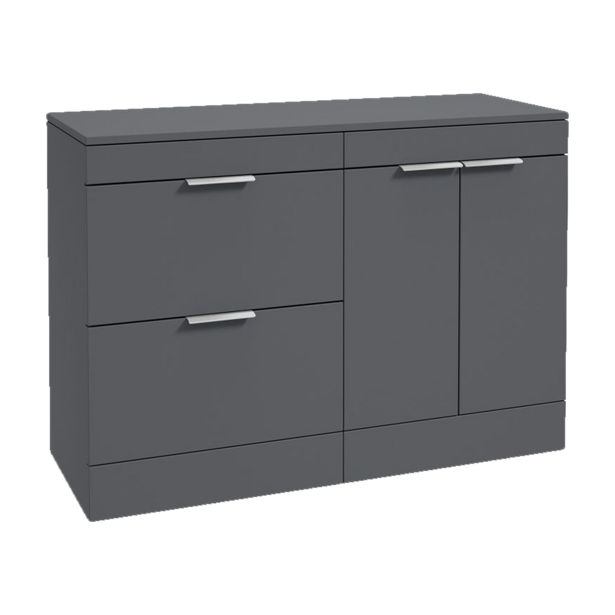 SONAS Stockholm 120cm floorstanding two drawer & two door vanity unit in Matt Midnight Grey with brushed chrome handles