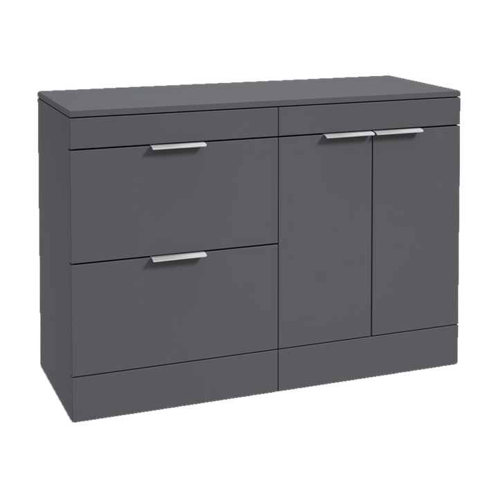 SONAS Stockholm 120cm floorstanding two drawer & two door vanity unit in Matt Midnight Grey with brushed chrome handles
