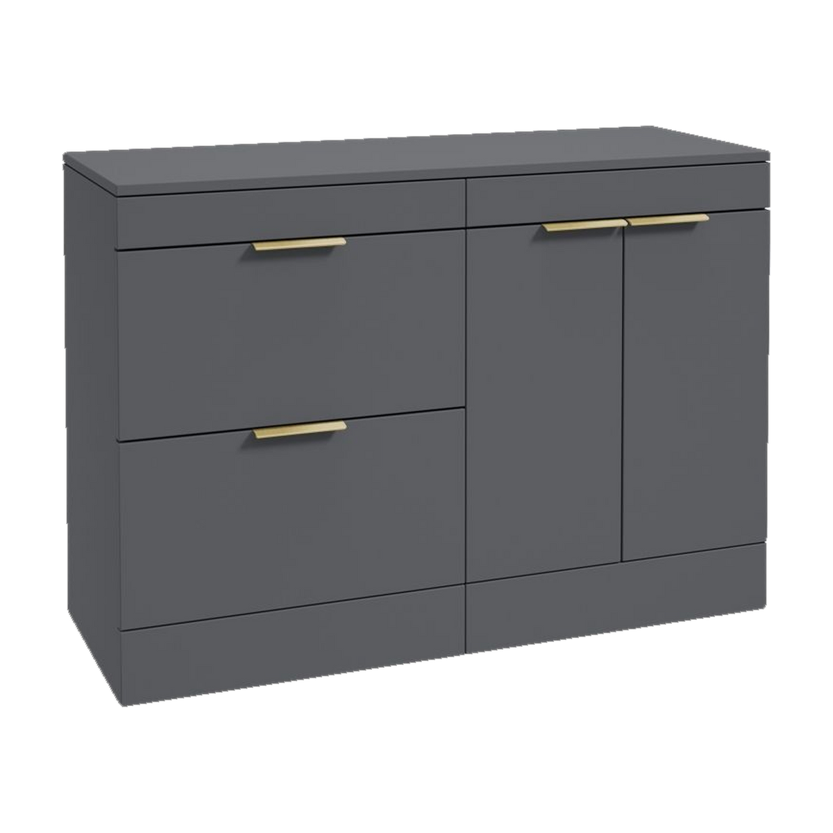 SONAS Stockholm 120cm floorstanding two drawer & two door vanity unit in Matt Midnight Grey with brushed gold handles