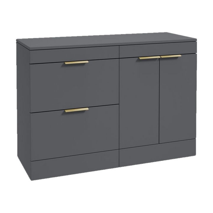 SONAS Stockholm 120cm floorstanding two drawer & two door vanity unit in Matt Midnight Grey with brushed gold handles