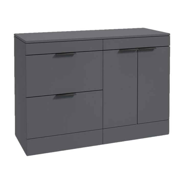 SONAS Stockholm 120cm floorstanding two drawer & two door vanity unit in Matt Midnight Grey with matt black handles
